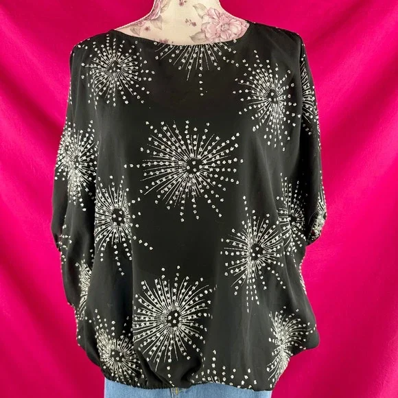 Vintage Silver Glitter Fireworks Black Sheer Short Sleeve Party Top Glances - Picture 4 of 17